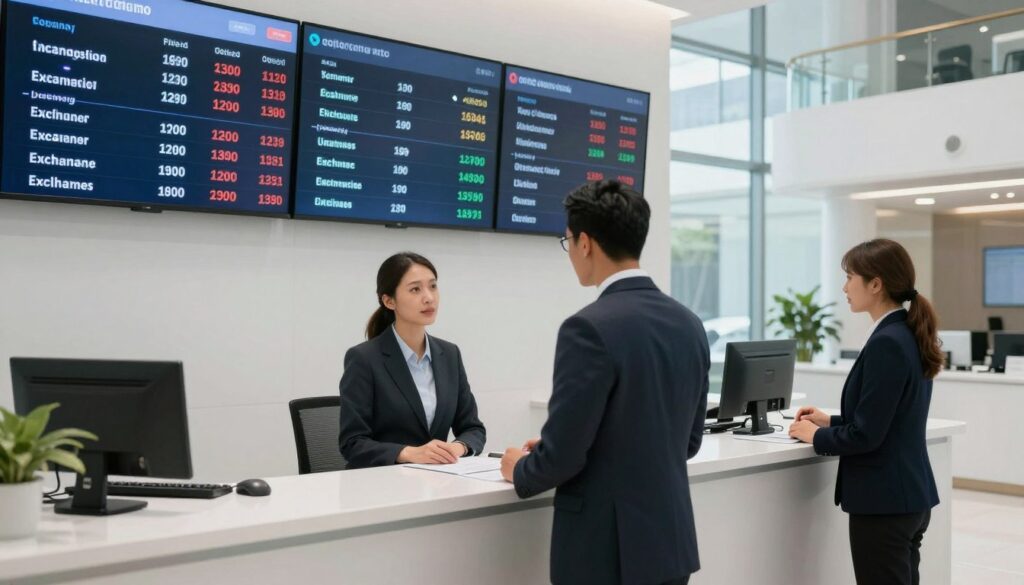 A professional elegantly designed financial exchange office interior In the foreground a well dressed businessperson wearing a tailored suit stands at a modern currency exchange counter attentively discussing with a bank teller in professional attire The middle ground features large digital displays showing fluctuating exchange rates and various currencies prominently including the US dollar and the Ivory Coast franc The background showcases a sleek contemporary design with glass walls and bright natural lighting streaming in evoking a sense of trust and professionalism The atmosphere is serious yet approachable conveying a focus on regulatory compliance The angle is slightly elevated capturing the entire scene without distractions emphasizing the importance of foreign currency transactions