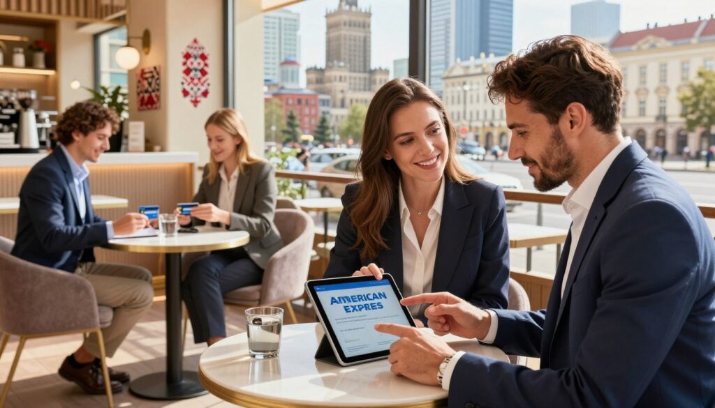 A professional setting showcasing the benefits of American Express in Poland In the foreground a diverse group of three people dressed in smart business attire engaging in a discussion while reviewing travel benefits on a digital tablet In the middle ground a stylish café with elegant décor featuring a few tables with patrons happily using American Express cards for payments In the background iconic Polish architecture and city landmarks that hint at modern life such as the Warsaw skyline blending with cultural elements like traditional Polish motifs The lighting is warm and inviting suggesting a bright sunny day The angle is slightly elevated capturing the hustle and bustle of city life while keeping the focus on the group and their interaction The mood is optimistic and vibrant reflecting the advantages of using American Express in Poland