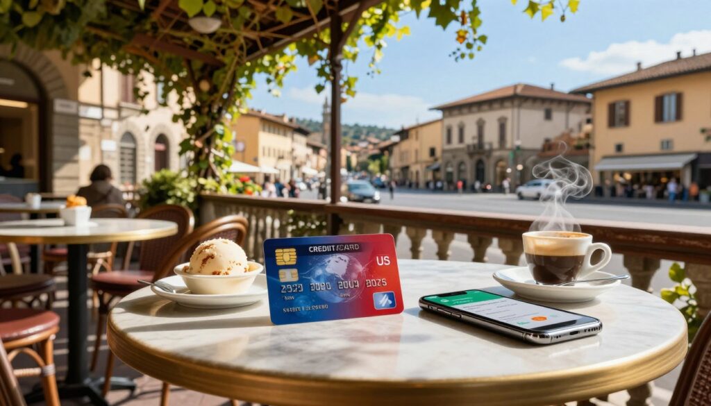 A serene outdoor café in Italy with a picturesque view of bustling streets and historic architecture in the background In the foreground a neatly arranged table showcases a couple of stylish US credit and debit cards resting next to a smartphone displaying a digital payment app The table is adorned with a small dish of gelato and a steaming cup of espresso suggesting a relaxed atmosphere Soft sunlight filters through hanging vines above creating dappled light on the scene The mood is inviting and cheerful perfect for travelers A clear blue sky enhances the vibrant colors of the surroundings focusing on the ease of using American cards in a European setting Capture this image from a slightly elevated angle to emphasize the cards and café ambiance
