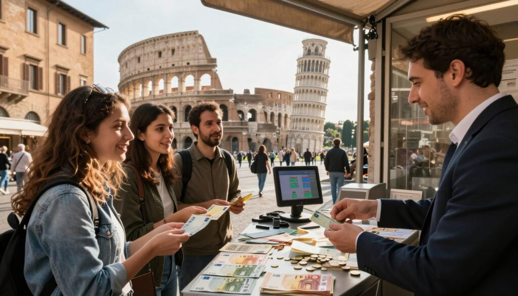 A vibrant street scene in Italy showcasing a currency exchange booth filled with euro notes coins and digital screens displaying exchange rates In the foreground a friendly cashier in professional attire assists a diverse group of tourists showcasing their excitement as they exchange US dollars for euros In the middle traditional Italian architecture and bustling pedestrians reflect the lively atmosphere of a popular tourist area Towering behind iconic landmarks like the Colosseum or the Leaning Tower of Pisa are subtly visible adding context to the location Soft sunlight filters through the buildings creating warm highlights and casting light shadows enhancing the inviting mood of this authentic Italian experience The angle is slightly elevated providing a comprehensive view of the scene
