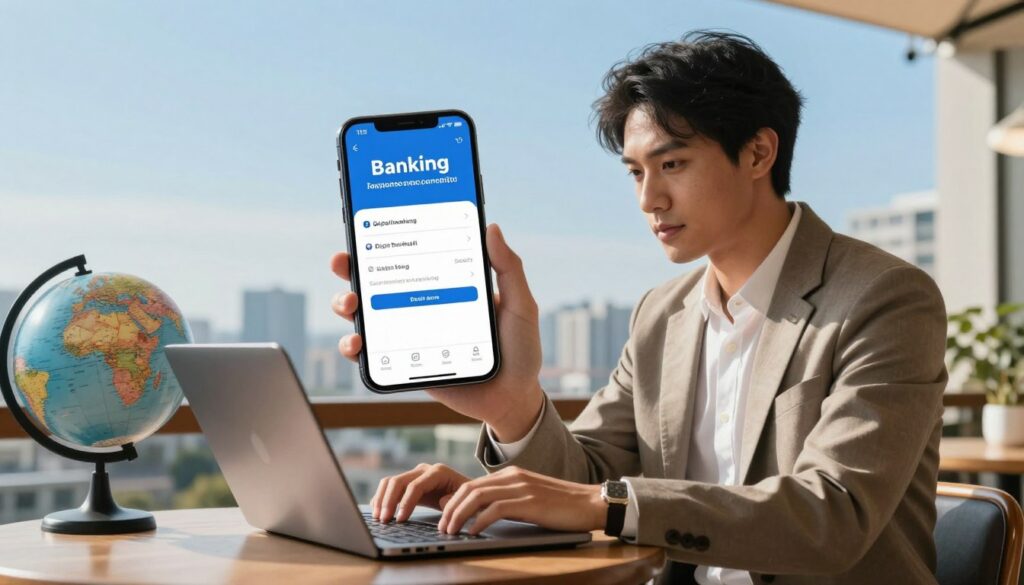 A visually striking scene illustrating strategies for maintaining banking access while traveling In the foreground a confident business professional dressed in smart casual attire uses a laptop on a café table with a scenic cityscape in the background The person is focused and engaged framed by a clear blue sky In the middle ground a smartphone displays a banking app symbolizing digital banking convenience A globe or map is subtly positioned on the table reflecting global banking strategies Soft warm lighting enhances the sense of productivity and connection Capture this moment from a slightly elevated angle emphasizing the balance between travel and financial management The atmosphere is one of modernity clarity and readiness to tackle international banking challenges