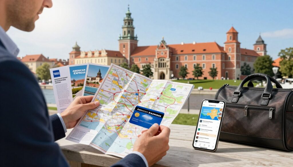 Foreground A professional businessperson dressed in smart casual attire thoughtfully examining a map of Poland while holding an American Express card in one hand Middle Elements representing travel tips such as travel brochures a smartphone displaying an app with travel recommendations and nearby a stylish travel bag Background A scenic view of a well known Polish landmark perhaps the Wawel Castle or the Main Market Square in Kraków under a clear blue sky with soft sunlight illuminating the scene The atmosphere should be vibrant and inviting suggesting a sense of adventure and discovery The composition should be balanced and engaging with a focus on the travel theme and a hint of sophistication characteristic of American Express services