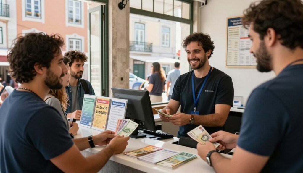 A bustling Lisbon money exchange scene capturing the vibrant atmosphere of a local financial service on a sunlit day In the foreground a friendly professional looking cashier assists a diverse group of travelers exchanging currency with friendly smiles The middle ground features a well organized counter displaying various currencies and informative exchange rates while neatly arranged brochures and pamphlets about local financial services are visible In the background traditional Portuguese architecture with colorful facades adds to the charm of the setting with warm natural light filling the scene through large windows The mood is welcoming and bustling reflecting the ease of navigating currency exchange in Lisbon Use a standard lens angle to highlight the interaction ensuring clarity and detail without distractions