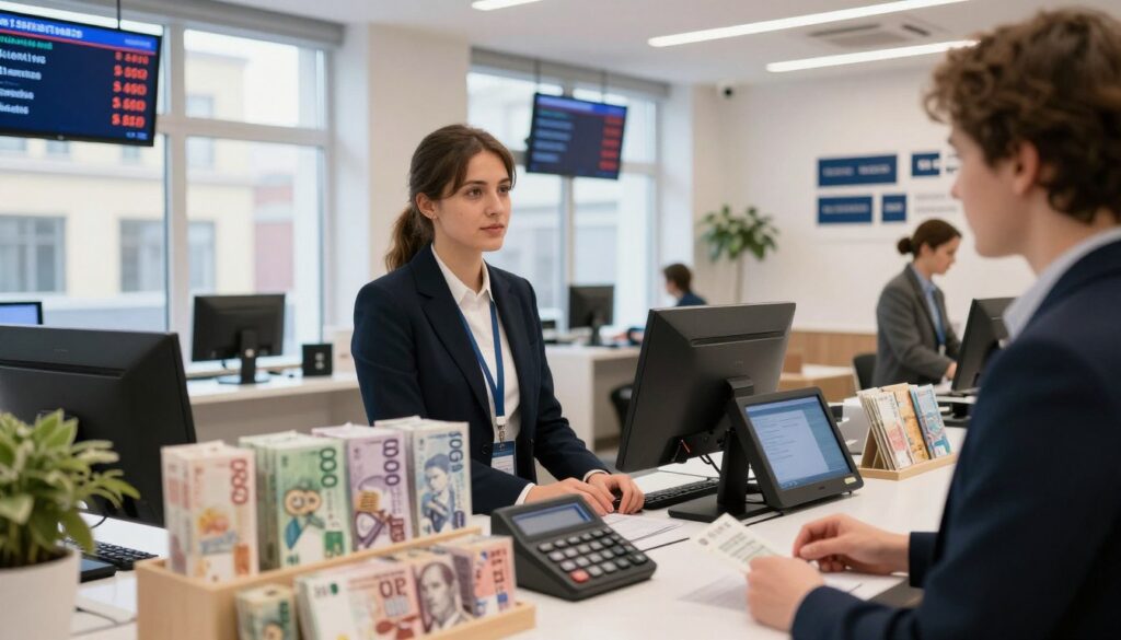 A bustling currency exchange office in Sweden showcasing a modern and vibrant atmosphere In the foreground a professional looking individual in business attire stands at the exchange counter attentively engaging with a customer The middle ground features a well organized display of Swedish Krona SEK banknotes along with currency conversion calculators Behind them large windows allow natural light to flood the room highlighting the sleek interior design including digital displays showing real time exchange rates The overall mood is dynamic and informative with soft warm lighting creating an inviting environment The angle captures both the exchange activities and the modern decor emphasizing the ease of navigating currency conversion services