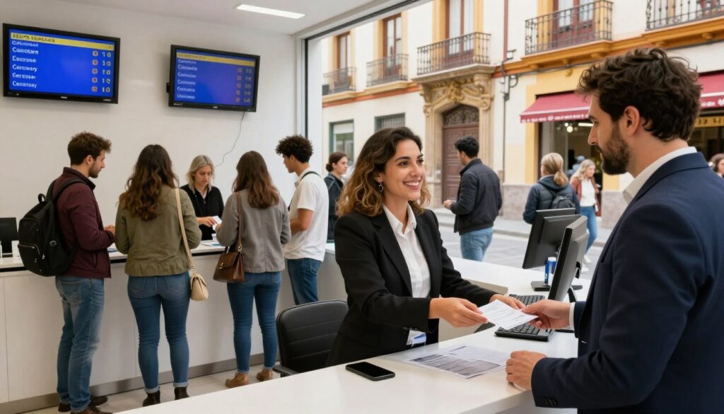 A bustling currency exchange scene in Spain showcasing a modern exchange office filled with both locals and tourists In the foreground a friendly exchange agent assisting a traveler both in professional business attire The middle ground features a diverse group of people engaging in currency exchange with clear displays of exchange rates on digital screens The background includes iconic Spanish architecture like ornate facades and colorful storefronts hinting at a vibrant city street Bright natural lighting illuminates the scene creating a welcoming atmosphere The angle captures a slightly elevated view providing depth and perspective Overall the image conveys a sense of international travel and financial activity in a lively Spanish setting A bustling currency exchange scene in Spain showcasing a modern exchange office filled with both locals and tourists In the foreground a friendly exchange agent assisting a traveler both in professional business attire The middle ground features a diverse group of people engaging in currency exchange with clear displays of exchange rates on digital screens The background includes iconic Spanish architecture like ornate facades and colorful storefronts hinting at a vibrant city street Bright natural lighting illuminates the scene creating a welcoming atmosphere The angle captures a slightly elevated view providing depth and perspective Overall the image conveys a sense of international travel and financial activity in a lively Spanish setting