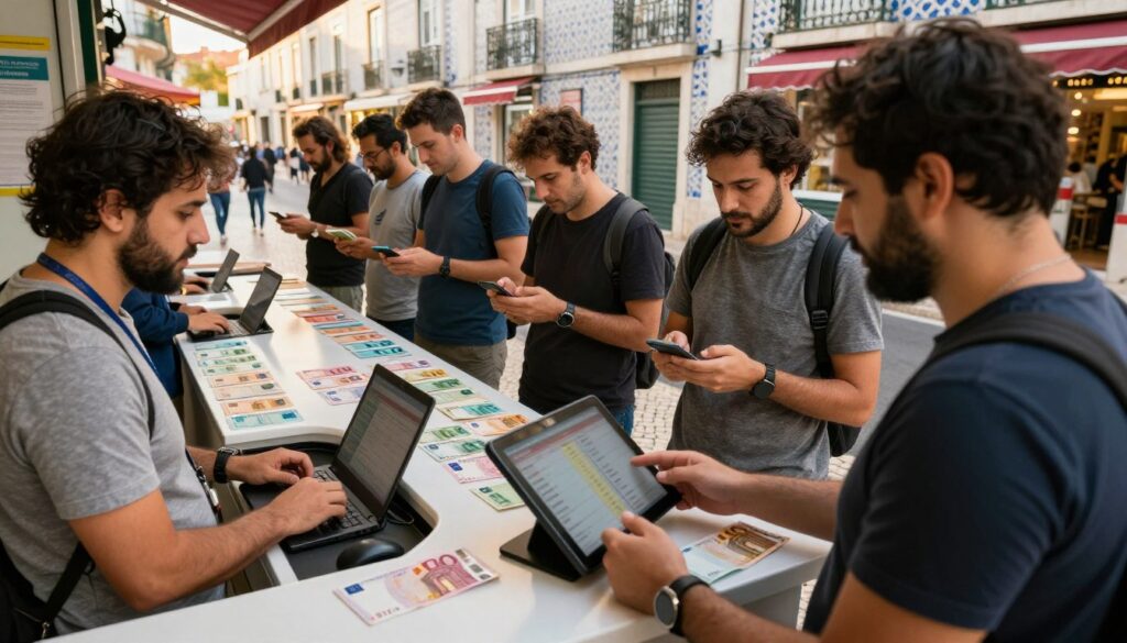 A bustling foreign exchange market in Portugal showcasing a modern currency exchange counter filled with vibrant Euro banknotes In the foreground a professional looking exchange clerk interacts with a tourist who is examining a currency chart on a tablet both wearing modest casual clothing In the middle ground various travelers are lined up some comparing exchange rates on their smartphones while others count cash The background features a lively street scene of Lisbon with its iconic tiled buildings and colorful storefronts bathed in warm golden sunlight creating an inviting atmosphere The image captures a sense of accessibility and friendly service emphasizing recent trends in currency exchange for tourists in Portugal The angle is slightly elevated providing a comprehensive view of the scene with a soft focus on the background for depth