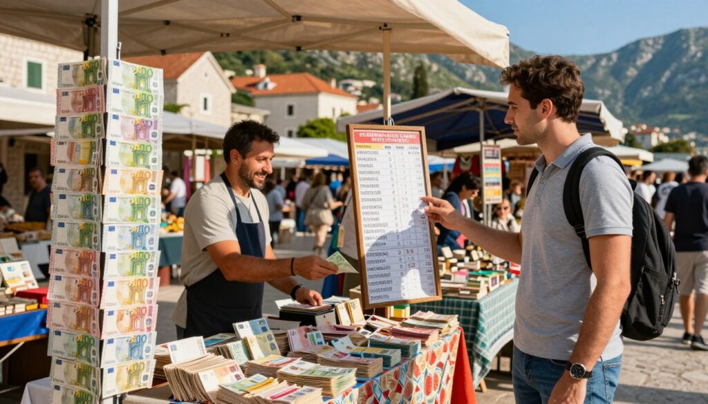 A bustling outdoor marketplace in Montenegro showcasing vibrant stalls filled with local currency the Euro notes displayed prominently In the foreground a well dressed American tourist studies a foreign exchange rate board jeans and a polo shirt with a look of curiosity The middle ground features a friendly local vendor with a warm smile ready to assist in exchanging currency The background reflects the picturesque Montenegrin landscape including charming stone buildings and lush green hills under a bright blue sky The scene is illuminated by warm afternoon sunlight casting inviting shadows capturing a lively and welcoming atmosphere The image has a slight depth of field effect focusing on the interactions while the background remains slightly blurred