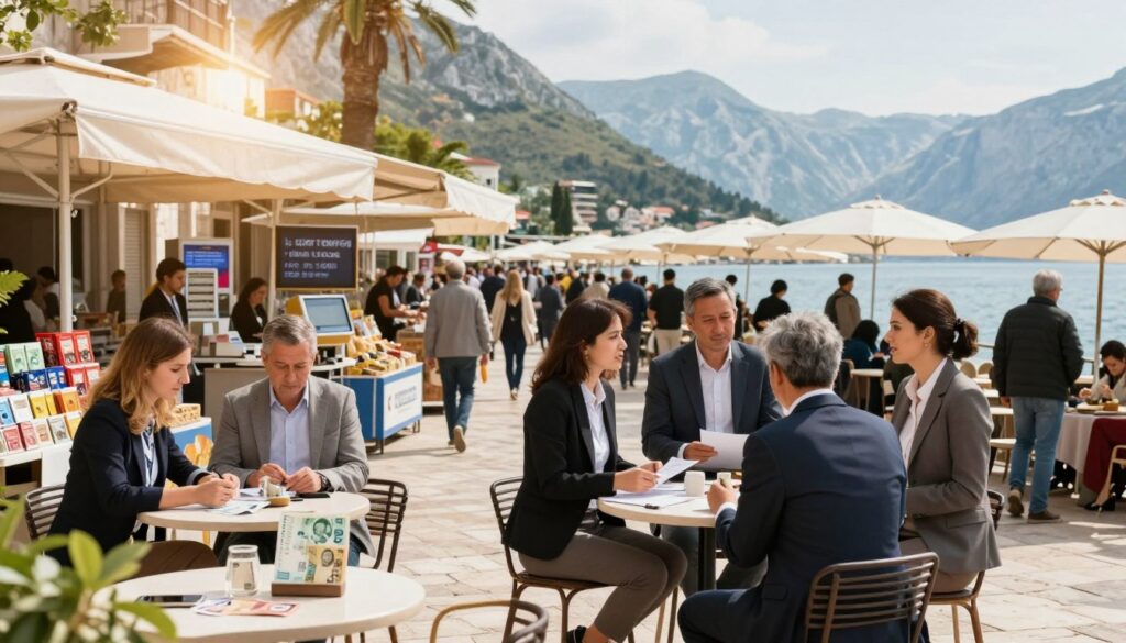 A bustling street scene in Montenegro showcasing its economic vibrancy In the foreground a diverse group of business professionals in smart attire are engaged in conversation discussing financial trends while a small stylish café displays local currency notes on a table The middle ground features a modern market with vendors selling local products and currency exchange booths showing signs of economic activity The background captures the stunning Montenegrin landscape with mountains and coastal views symbolizing the countryaposs natural wealth The lighting is warm and inviting suggesting a sunny day with a slight lens flare for a dynamic effect The overall mood is optimistic and lively reflecting current economic trends and the unique monetary landscape of Montenegro