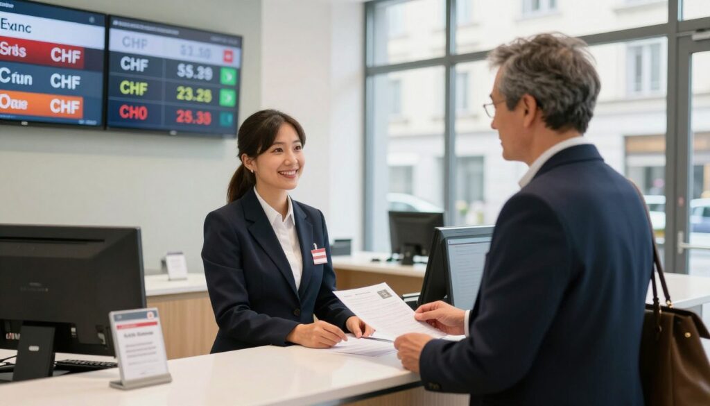 A clear informative scene depicting a US traveler at a currency exchange counter in Switzerland In the foreground the traveler a middle aged person in professional attire is interacting with a friendly bank teller behind the counter The teller is wearing a smart uniform suited for a financial institution In the middle ground a display board shows the current exchange rates particularly highlighting the Swiss Franc CHF The background features the interior of a modern bank with large windows letting in natural light creating an inviting atmosphere The overall mood is one of clarity and assistance capturing the essence of navigating currency exchange when traveling abroad The image should have a bright and warm color palette ensuring a welcoming environment for travelers