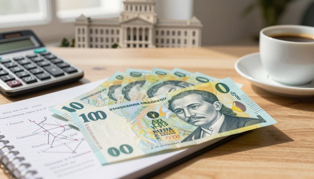 A close up shot of a Romanian Leu banknote partially fanned out on a wooden table surrounded by a calculator a notepad with strategic financial plans and a cup of coffee creating a warm and inviting atmosphere In the background softly blurred architecture reminiscent of Romaniaaposs iconic buildings like the Palace of the Parliament captures the essence of the country Natural afternoon light streams through a nearby window casting gentle shadows that enhance the details of the banknote The scene conveys a sense of financial readiness and planning ideal for a traveler preparing for their journey The overall mood is professional yet approachable emphasizing smart financial choices for a successful trip