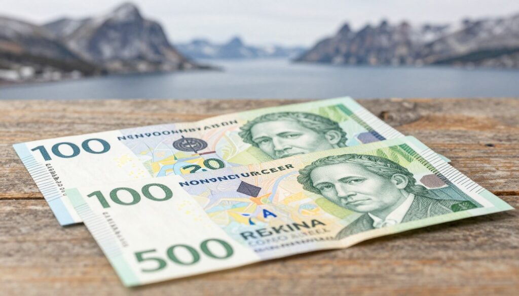 A close up view of Norwegian banknotes focusing on the colorful designs of the 100 200 and 500 krone notes arranged on a rustic wooden table to evoke a sense of budgeting and finances In the background a faint outline of a traditional Norwegian landscapemountains and fjordsadds context to the setting Soft natural lighting enhances the textures of the banknotes highlighting their intricate patterns The composition should have a shallow depth of field blurring the background slightly while keeping the banknotes in sharp focus The overall mood is warm and inviting encouraging a sense of financial planning for a trip No text or markings are included in the image