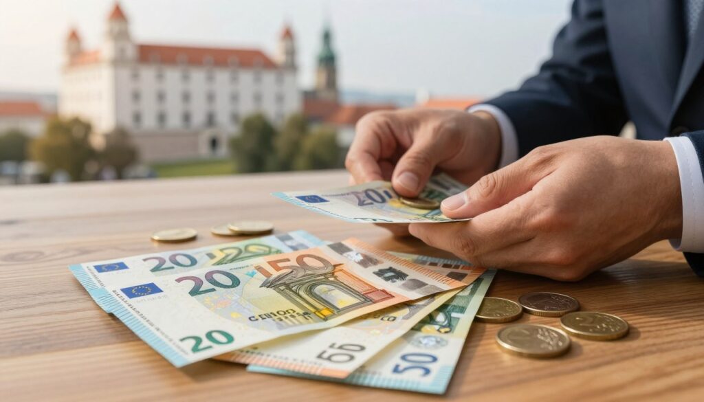 A close up view of Slovak currency specifically banknotes and coins artistically arranged on a wooden table In the foreground vibrant Slovak euro banknotes 20 and 50 euro denominations partially fanned out showcasing intricate designs and colors with a few coins including a 1 and 2 euro coin scattered around them In the middle ground a pair of hands in business attire counting the cash emphasizing the theme of managing money while traveling The background softly blurs showing glimpses of landmarks like the Bratislava Castle and St Martinaposs Cathedral bathed in warm afternoon light The atmosphere is safe and focused reflecting the importance of handling cash securely while exploring Slovakia