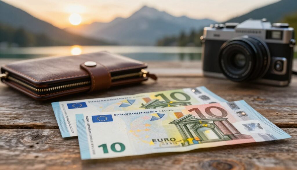 A close up view of Slovenian currency featuring both 5 and 10 euro banknotes artfully arranged on a rustic wooden table The foreground should highlight the intricate designs and colors of the banknotes showcasing their detail and cultural significance In the middle ground include a stylish travel wallet and a disposable camera hinting at planning a journey The background should be softly blurred depicting a scenic landscape of Slovenia with the Julian Alps and a tranquil lake under a warm golden sunset lighting creating a sense of adventure and financial confidence The overall mood should be inviting and inspiring encouraging financial awareness for travelers Capture the image using a standard lens with a slight depth of field effect