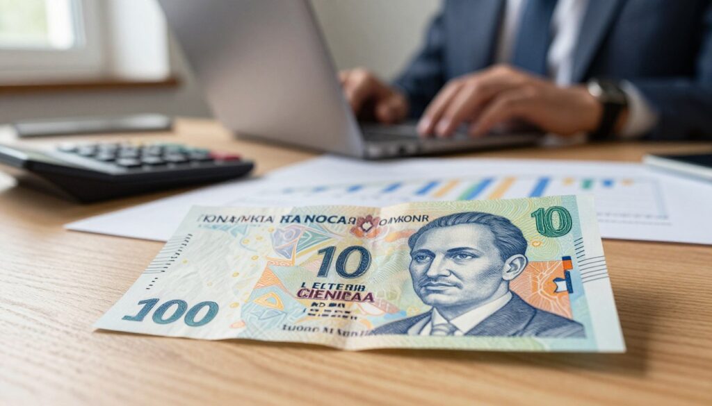 A close up view of a North Macedonian denar banknote resting on a wooden table with a blurred calculator and financial charts in the background The banknote features intricate designs and vibrant colors displaying national symbols On the side a business professional in smart casual attire reviews currency trends on a laptop Natural daylight filters through a nearby window casting soft shadows and creating a warm atmosphere of economic activity The setting reflects a modern office environment emphasizing a focus on currency news and economic policy The overall mood is informative and engaging capturing the essence of North Macedoniaaposs currency landscape