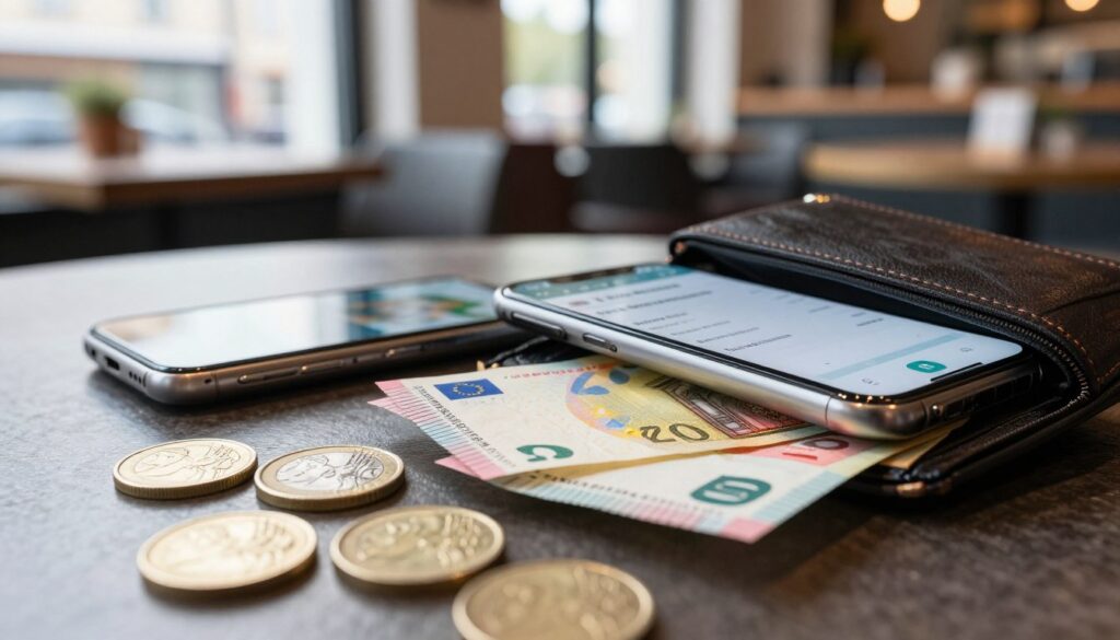 A close up view of a modern wallet partially open on a table revealing a mix of Dutch Euro banknotes and shiny coins specifically highlighting the distinct designs and colors In the foreground there are a few Euro coins scattered around showcasing the intricate details of their faces The middle ground features a smartphone with a mobile banking app displayed symbolizing the use of cash versus cards In the background a cozy Dutch café setting can be seen with soft natural lighting filtered through large windows creating a warm atmosphere The angle is slightly tilted downwards to emphasize the wallet and smartphone giving a sense of intimacy and focus on financial transactions in the Netherlands The overall mood is inviting and informative suitable for a casual yet educational context