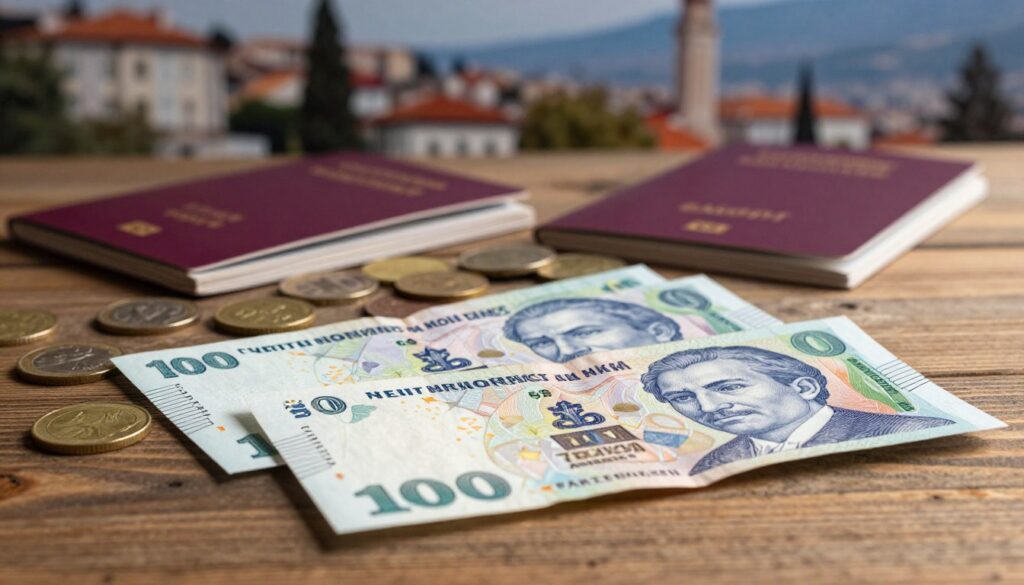 A collection of North Macedonian currency the denar displayed prominently in the foreground featuring vibrant banknotes and coins scattered across a rustic wooden table In the middle ground there are a few travel related items such as a passport and a guidebook subtly hinting at the travel theme The background showcases an abstract representation of Skopjes landmarks softly blurred to maintain focus on the currency The lighting is warm and inviting highlighting the details on the banknotes while casting gentle shadows The angle is slightly above the table creating a sense of depth and intimacy The overall mood is encouraging and practical inspiring confidence in managing money while traveling in North Macedonia