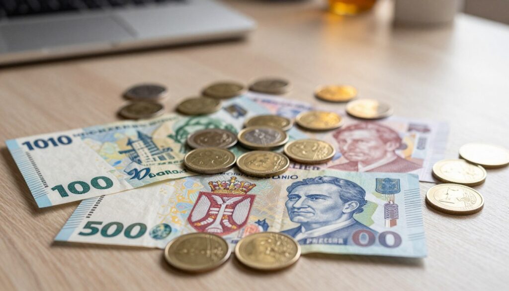 A detailed composition showcasing Serbian banknotes and coins arranged artistically on a soft textured surface In the foreground focus on crisp colorful banknotes featuring famous Serbian landmarks and historical figures with denominations like 1000 2000 and 5000 dinars clearly visible Surrounding them shiny euro coins reflect light emphasizing their distinct designs The middle ground subtly features a blurred background of a softly lit table or desk enhancing the visibility of the currency The lighting is warm and inviting casting gentle reflections on the surfaces for a rich inviting atmosphere Use a top down angle to provide clarity and detail with a shallow depth of field to draw attention to the currency while softly blurring the surroundings