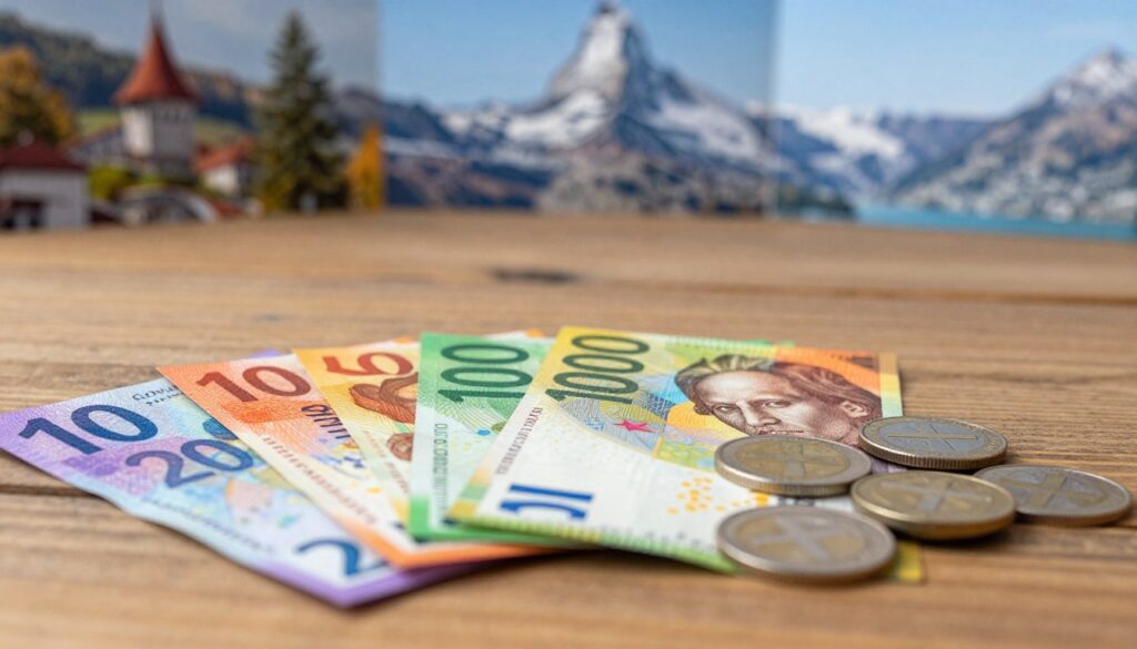 A detailed composition showcasing Swiss Franc currency in various denominations In the foreground display a stack of vibrant 10 20 50 100 and 200 franc notes highlighting their intricate designs and colors such as the purple and orange hues Beside the notes place a few coins with the Swiss cross prominently featured displaying their metallic sheen The middle ground features a wooden table or a textured surface that contrasts with the currency creating depth In the background softly blurred images of iconic Swiss landmarks like the Matterhorn or Lake Geneva to evoke a sense of place Use natural lighting for a warm inviting atmosphere creating a focus on the notes with a slight bokeh effect The overall mood is informative and visually engaging suited for an educational context