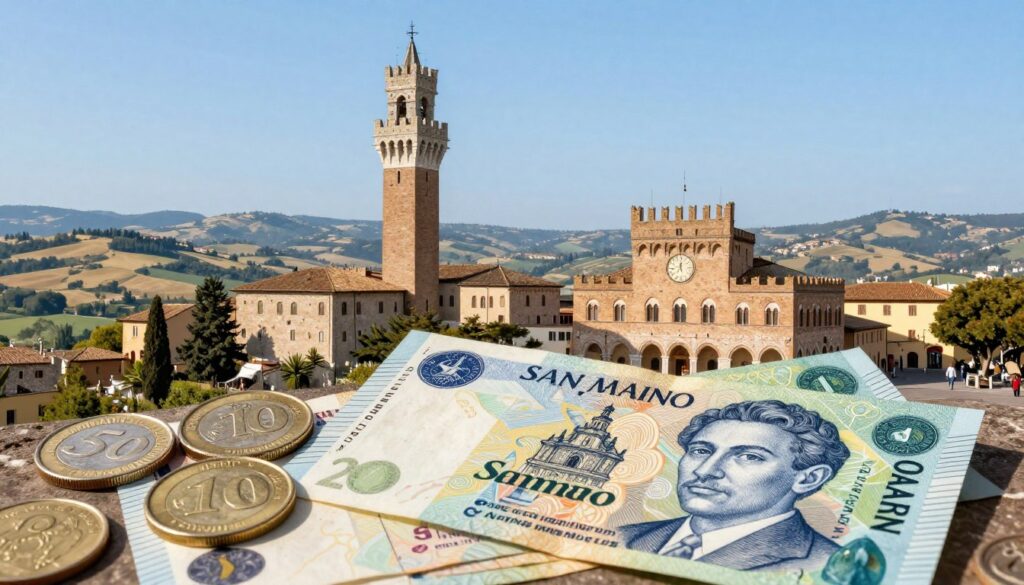 A detailed illustration of the economic system of San Marino showcasing its vibrant currency at the forefront featuring the San Marino lira coins and banknotes arranged aesthetically In the middle ground depict iconic landmarks like the Guaita Tower and Palazzo Pubblico symbolizing the countryaposs historical backdrop The background should include the rolling hills of the Sammarinese countryside under a clear blue sky suggesting a peaceful economic environment Use warm natural lighting to create an inviting atmosphere capturing the essence of San Marino as a friendly destination The angle should be slightly elevated providing a comprehensive view that conveys professionalism and warmth highlighting the harmonious blend of history and economy free from any text or distractions