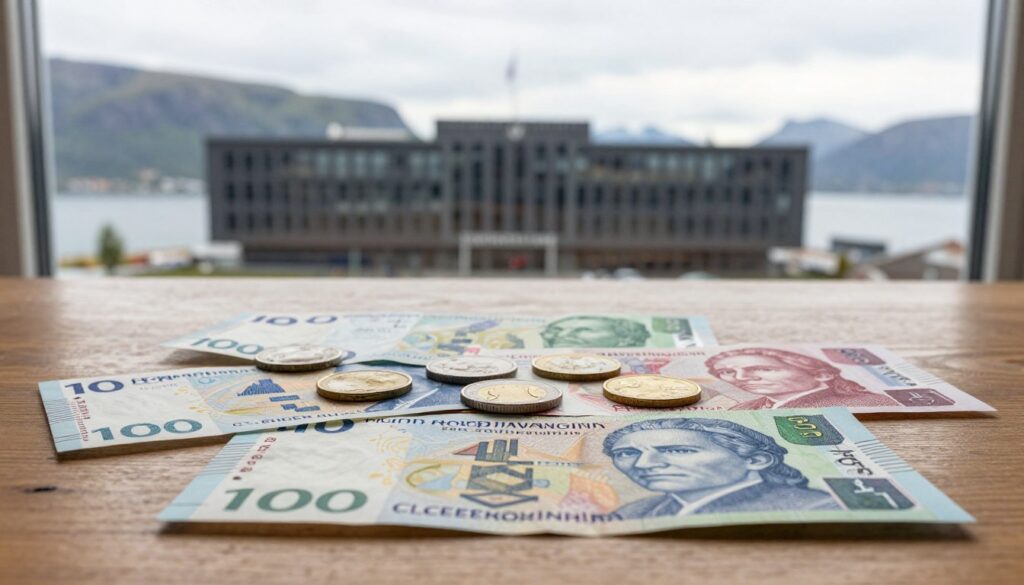 A detailed representation of Norwayaposs central bank currency highlighting a collection of colorful Norwegian banknotes and coins arranged aesthetically on a polished wooden table In the foreground a close up view captures the intricate designs and security features of the notes showcasing the vibrant colors and unique patterns that reflect Norwayaposs culture In the middle ground a blurred image of a modern Norwegian central bank building can be seen silhouetted against a soft diffused light filtering through a large window The background features a subtle hint of the iconic Norwegian landscape with soft focus mountains and fjords creating a serene ambiance The image should have a warm inviting feel emphasizing stability and trust associated with the central bank The lighting is soft and natural evoking a calm atmosphere