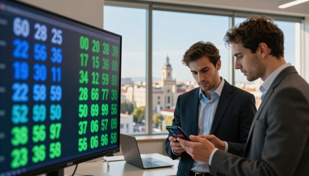 A modern office setting highlighting Spainaposs currency exchange rates In the foreground a sleek digital display board showing fluctuating exchange rates in vibrant colors such as blue and green On the middle ground a professional in business attire closely examines a smartphone showcasing currency graphs while focused on the information The background features a large window with a panoramic view of a bustling Spanish cityscape complete with iconic architecture and a clear sunny sky Soft natural lighting filters through the window casting a warm glow on the scene creating an atmosphere of professionalism and urgency The composition captures the dynamic nature of currency exchange emphasizing the importance of staying updated on Spainaposs financial news A modern office setting highlighting Spainaposs currency exchange rates In the foreground a sleek digital display board showing fluctuating exchange rates in vibrant colors such as blue and green On the middle ground a professional in business attire closely examines a smartphone showcasing currency graphs while focused on the information The background features a large window with a panoramic view of a bustling Spanish cityscape complete with iconic architecture and a clear sunny sky Soft natural lighting filters through the window casting a warm glow on the scene creating an atmosphere of professionalism and urgency The composition captures the dynamic nature of currency exchange emphasizing the importance of staying updated on Spainaposs financial news