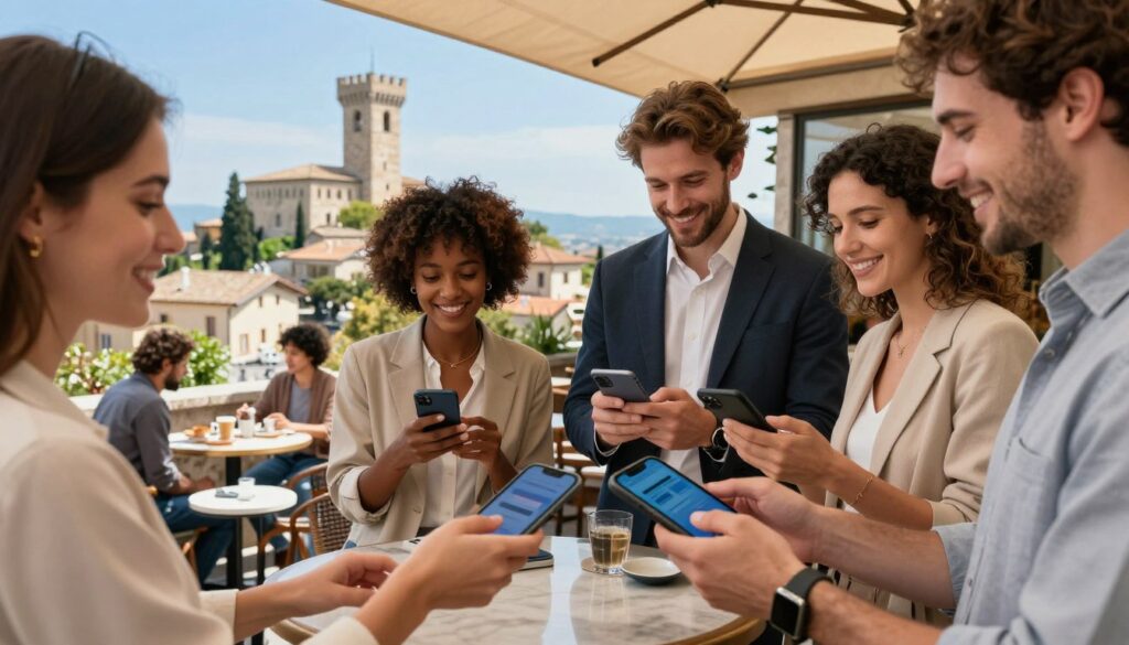 A modern scene depicting digital payment methods in San Marino set against the backdrop of the historic cityscape In the foreground a diverse group of travelers using smartphones and smartwatches to make cashless transactions at a café dressed in professional business attire or modest casual clothing The middle ground features a stylish café with patrons seated at outdoor tables highlighting the seamless integration of technology in everyday life The background shows the iconic Guaita tower and winding streets of San Marino under a bright clear blue sky with soft natural lighting capturing the vibrancy of the scene The atmosphere is positive and forward looking reflecting the embrace of digital finance and innovation in this beautiful locale