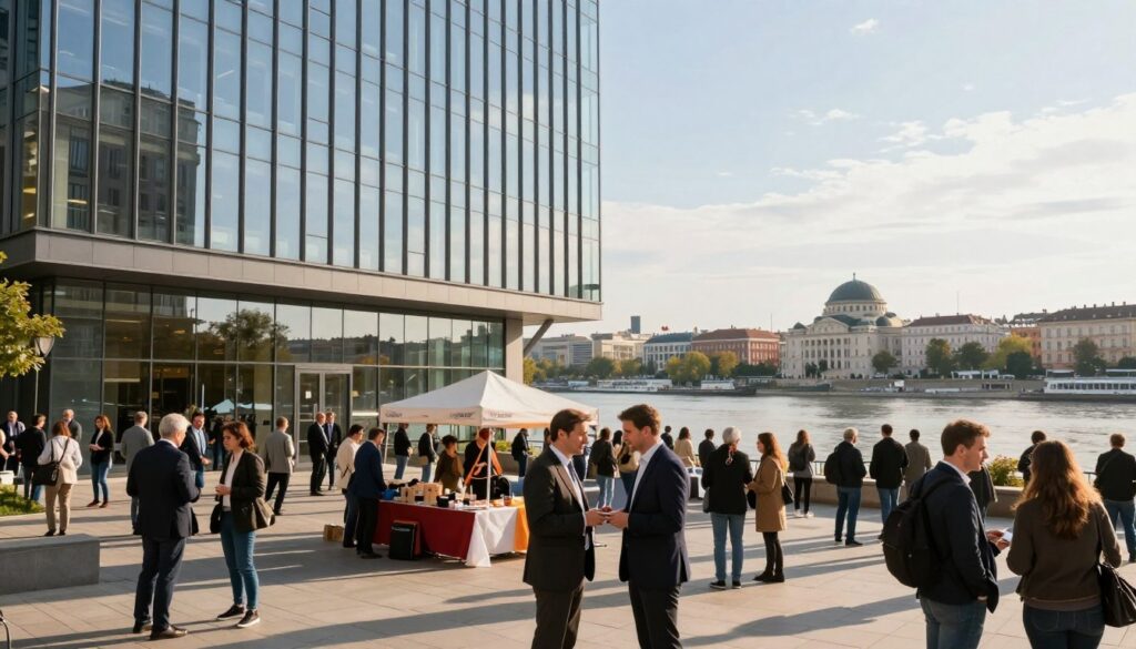 A modern urban landscape depicting the Serbian financial sector In the foreground an elegantly designed glass fronted bank building showcases its contemporary architecture reflecting the skyline In the middle ground a bustling outdoor market with vendors and people in professional business attire discusses currency exchanges The background features iconic Belgrade architecture and the Sava River under a bright and sunny sky Dramatic warm lighting creates an inviting atmosphere highlighting the vibrancy of the financial scene A slight focus on people engaging in discussions and transactions adds life to the image while ensuring that no specific individuals are highlighted The overall mood is energetic and optimistic illustrating recent positive developments in Serbiaaposs financial environment