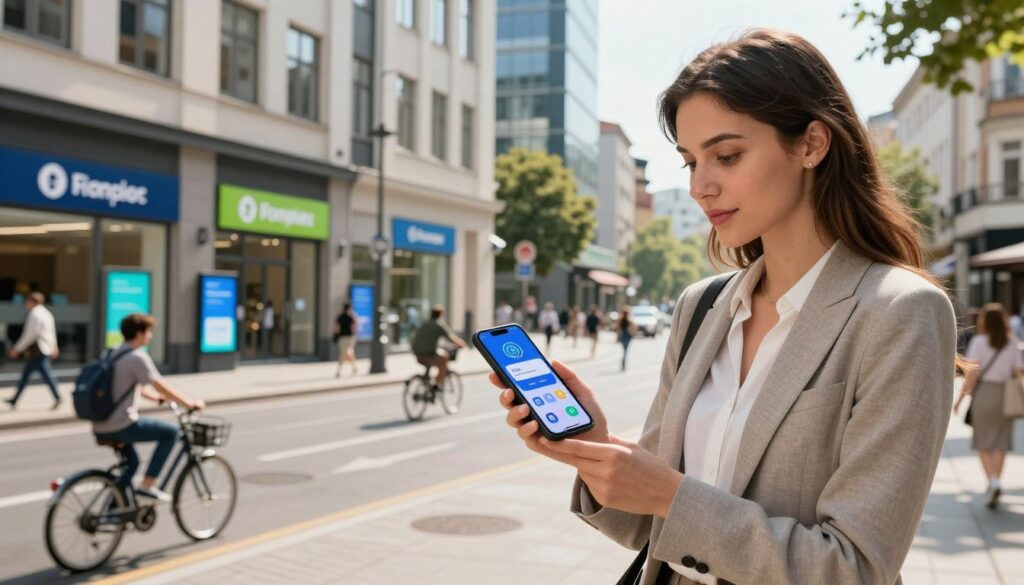 A modern urban landscape in Romania showcasing digital payments and banking trends In the foreground a professional businesswoman in smart attire is using a smartphone to make a contactless payment with visible banking apps and digital currency icons on the screen In the middle ground contemporary bank buildings and storefronts display screens highlighting digital transactions The background features a bustling street filled with pedestrians and cyclists emphasizing a tech savvy community Soft ambient lighting suggests a sunny day while warm colors create an inviting atmosphere The lens captures a slightly elevated angle giving depth to the urban setting and showcasing Romaniaaposs fintech landscape in a dynamic forward thinking context