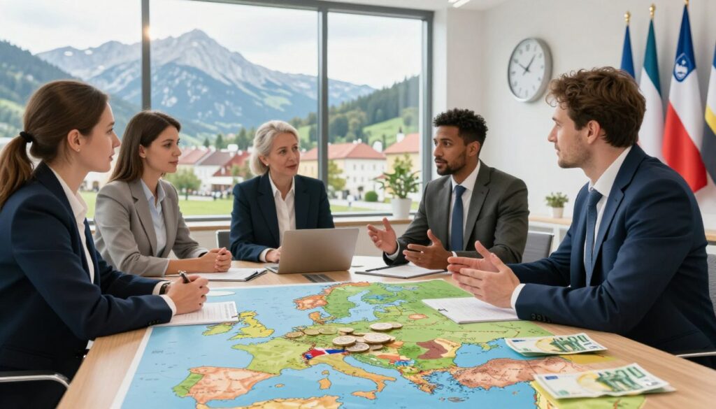 A professional business setting featuring a diverse group of four individuals two men and two women discussing Sloveniaaposs Eurozone membership benefits They are dressed in smart business attire engaged in a dynamic conversation around a modern conference table The foreground showcases a detailed map of Slovenia with Euro coins and banknotes spread across the table emphasizing the currency theme In the middle ground a large window reveals a picturesque view of Sloveniaaposs landscape featuring the Alps and Ljubljanaaposs architecture The background includes subtle representations of the Eurozone such as a wall clock displaying different European time zones and flags The lighting is bright and natural radiating an optimistic and informative atmosphere with a slight lens flare to enhance the vibrancy of the scene