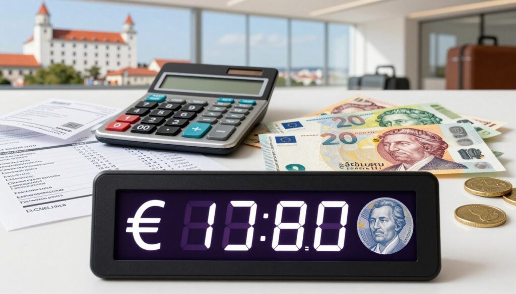 A visually engaging illustration depicting the currency conversion process from Euro to Slovak Koruna In the foreground a digital display showing dynamic currency exchange rates with symbols of Euro and Slovak Koruna on either side The middle ground features a close up shot of a calculator and travel expenses scattered around including receipts some Slovak Koruna bills and a few Euro coins The background showcases an elegant modern travel themed setting possibly hinting at iconic Slovak landmarks like Bratislava Castle peeking through a window Lighting is bright and inviting emphasizing clarity and professionalism evoking a mood of financial savvy and excitement for travelers Aim for a clean crisp composition without any text or overlays