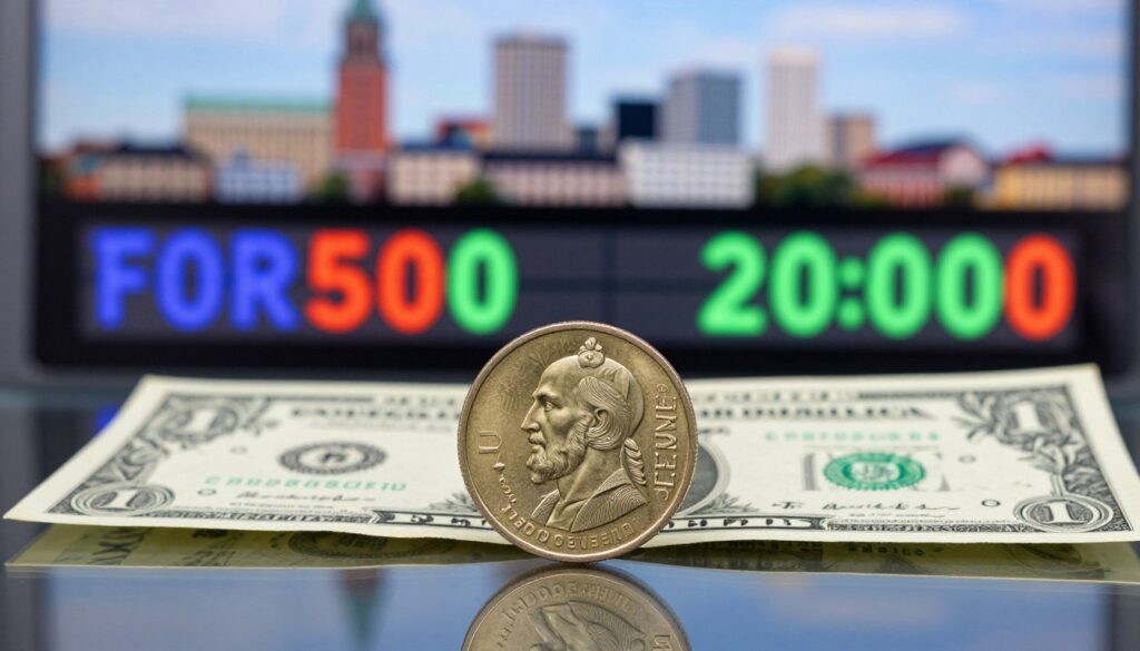 A visually striking comparison of the Swedish Krona and the US Dollar In the foreground a Swedish Krona coin shining brightly engraved with intricate Nordic designs stands prominently on a reflective glass surface Beside it a US Dollar bill crisp and detailed showcases its characteristic imagery In the middle ground a digital display shows fluctuating exchange rates between the currencies captured in vivid colors The background features a stylized city skyline combining elements of Stockholm and a generic American city subtly blurred to focus on the currencies The lighting is soft and ambient creating a professional atmosphere while the focus remains sharp on the coins and the exchange rate display evoking a sense of financial insight and comparison